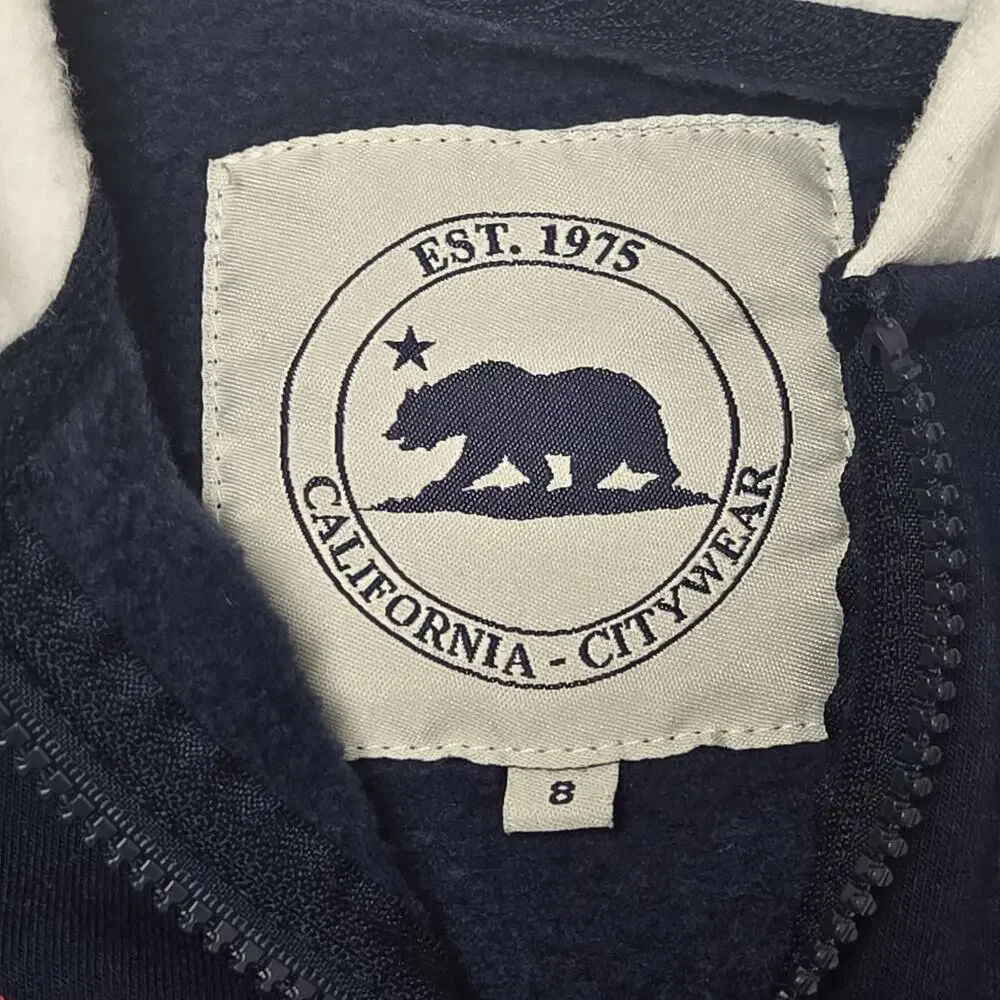 California Citywear Youth Jacket W/Hoodie Embroidered Patches Size 8 Blue White